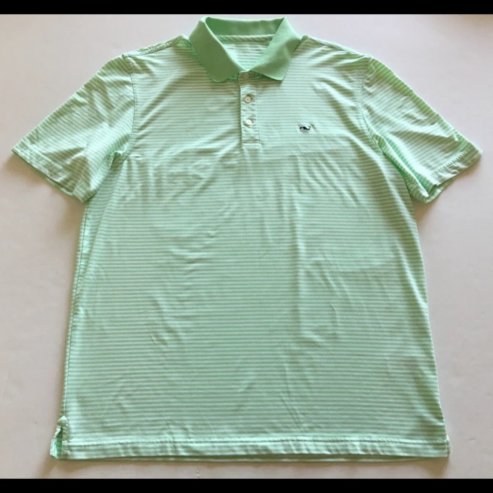 Mens Vineyard Vines Green and White Striped Poly Spandex Polo Shirt Large